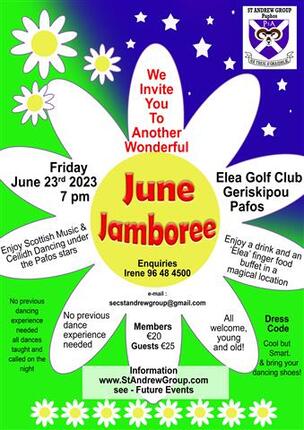 Poster for June Jamboree Scottish Country dancing under the moonlight in Paphos